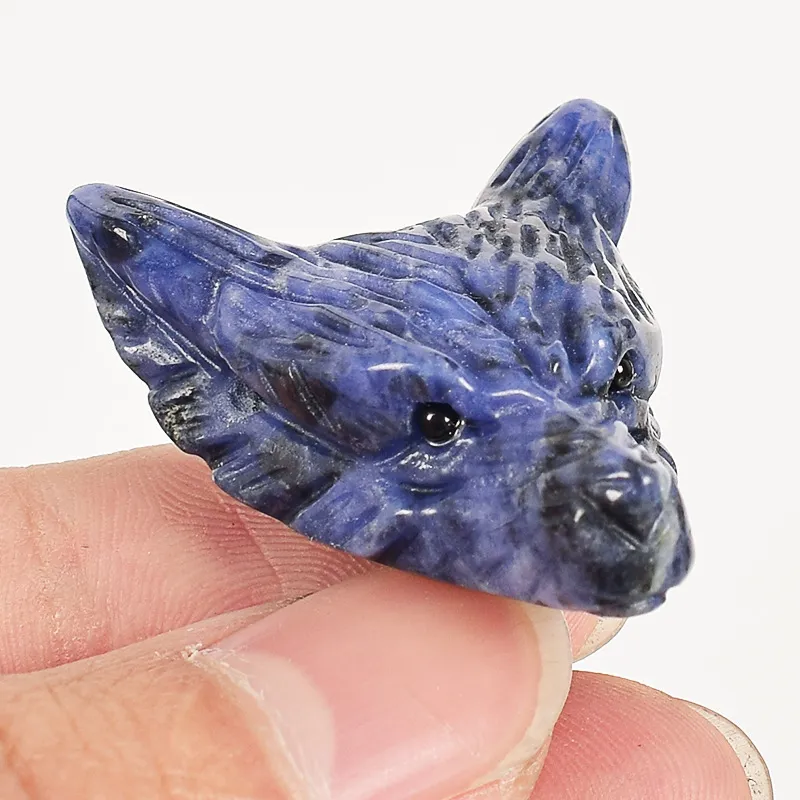 Dingsheng Natural Crystal Quartz Jade Sten Blå Sodalite Wolf Head Figurine Pendant Carving Stone Animal Skull Reiki Stones Craft