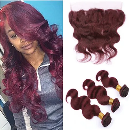 #99J Wine Red Malaysian Body Wave Human Hair Bundle Deals 3Pcs with Frontals 4Pcs Lot Burgundy 13x4 Full Lace Frontal Closure with Weaves