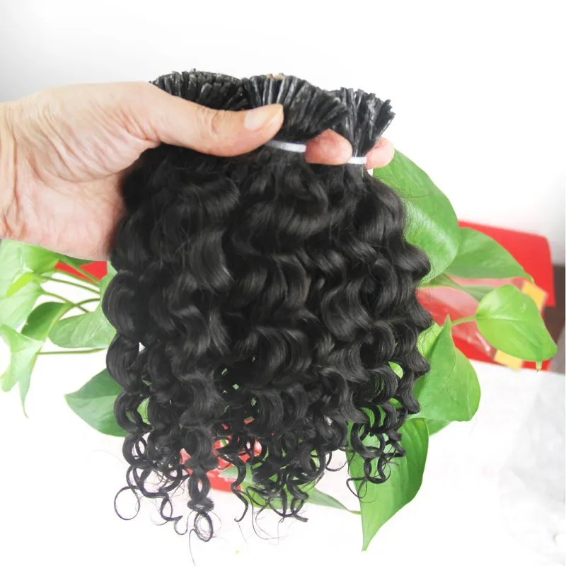 Brazilian Deep Curly Hair I Tip Hair Extension Human 100g 100s virgin Pre Bonded keratin stick tip hair extensions 10"-24"