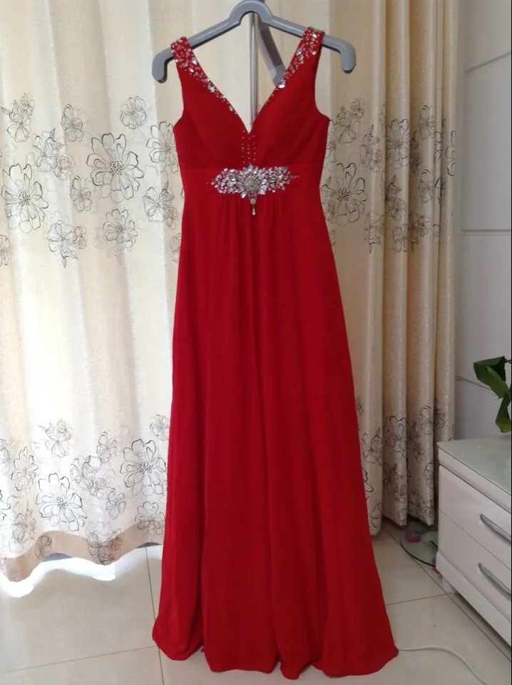 Stokta Kırmızı US2 Yeni Ucuz Yüksek Kalite Zarif Özel V Yaka Kat Uzunluk Gelinlik Modelleri / Düğün Parti Elbiseler LDH269