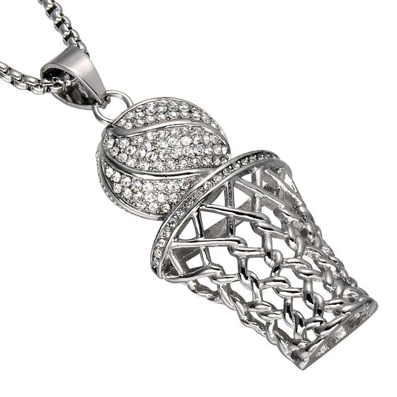 Hip Hop Basketball Pendant Necklaces Iced Out Bling Full Rhinestone basketball hoop Stainless Steel Chain Necklace For Mens Hiphop Jewelry