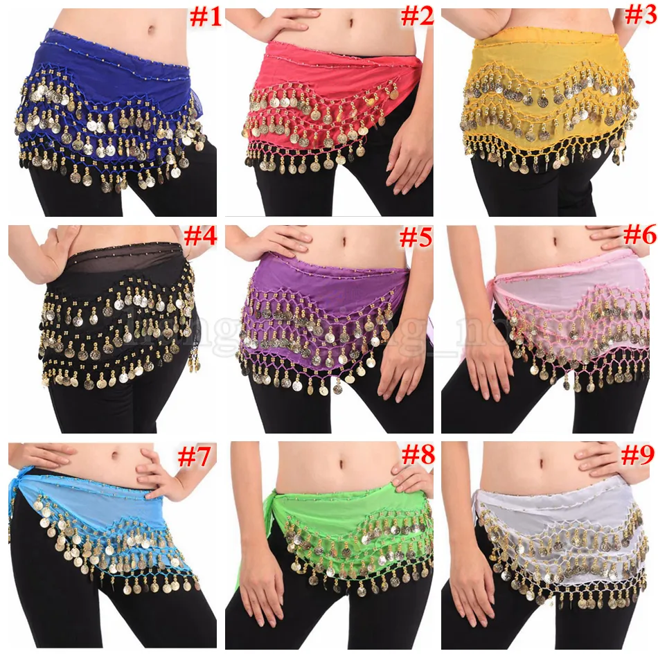 Belly Dance Skirt Scarf Hip Wrap Belt Chiffon 3 Rows 128 Coins Belt Skirt Party Decoration OOA5195