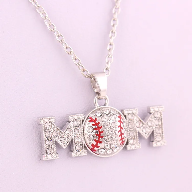 Venta caliente softbol Deportes colgante collar MOM letra Blanco Amarillo Cristal Rhinestone bola Encanto Cadena de eslabones Para los fanáticos del equipo Joyería de moda