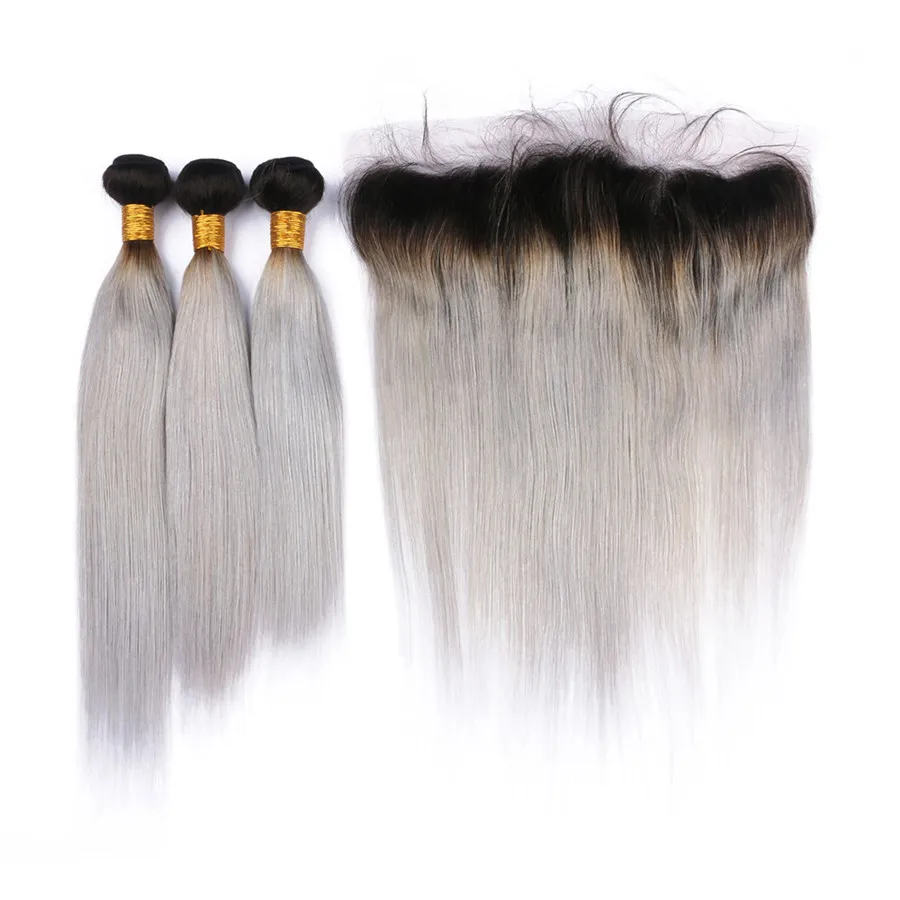 Neu Kommen Sie 1b Grau Ombre Echthaar 3 Bundles Mit Spitze Frontal Brasilianisches Reines Glattes Haar Graue Haarverlängerung Mit 13x4 Spitze Frontal