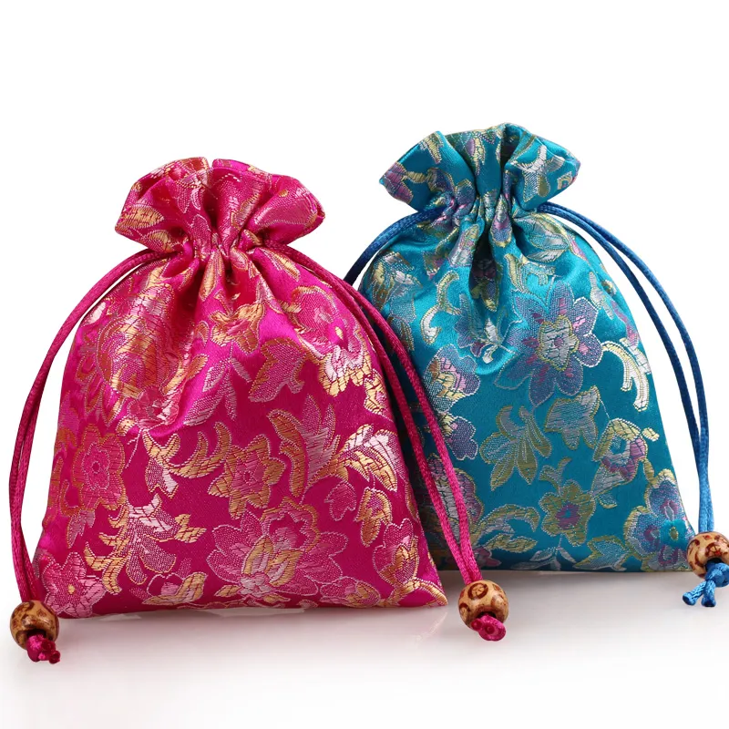 Drawstring Small Silk Satin Bag Jewelry Pouch High Quality Wedding Party Favor Bags Floral Gift Packaging Sachet 3pcs/lot