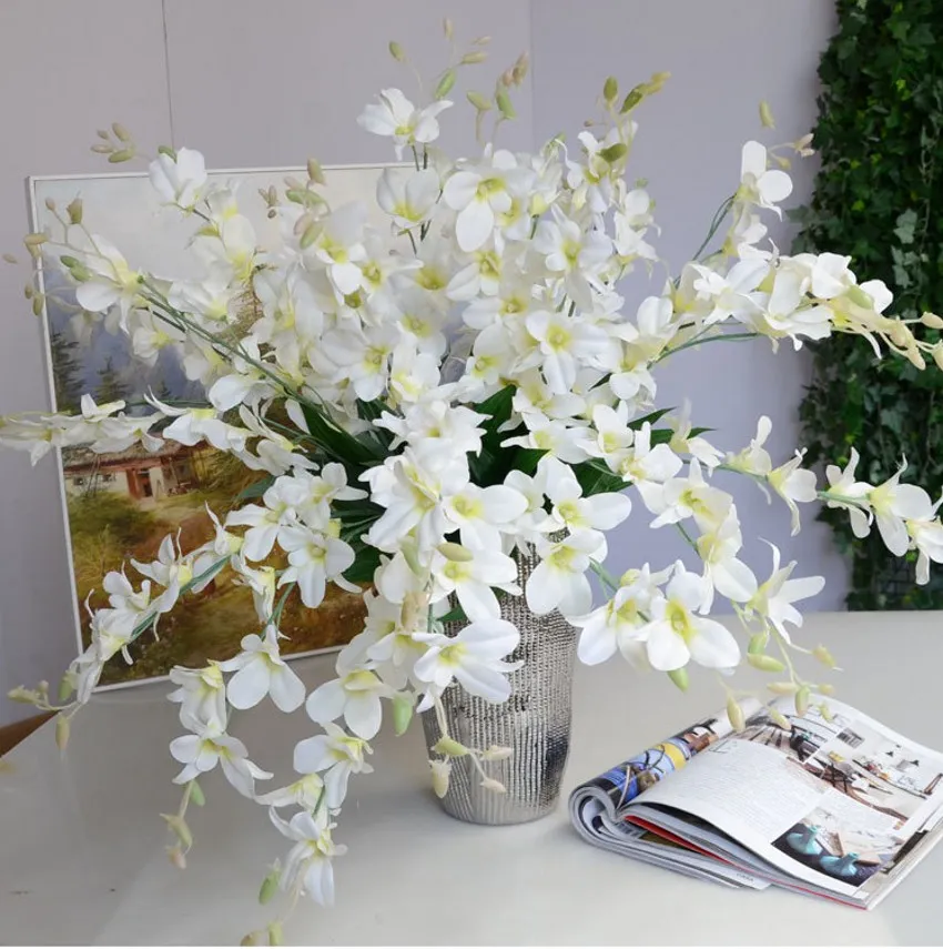 Fleurs artificielles de haute qualité au toucher réel, orchidées blanches et bleues, décoration pour la maison, mariage, décoration de Table à manger
