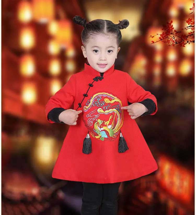 2018 nyårsklänning kinesisk stil tjejer broderade cheongsam klänning höst vinter barn kläder baby flicka kläder tjocka barn kläder