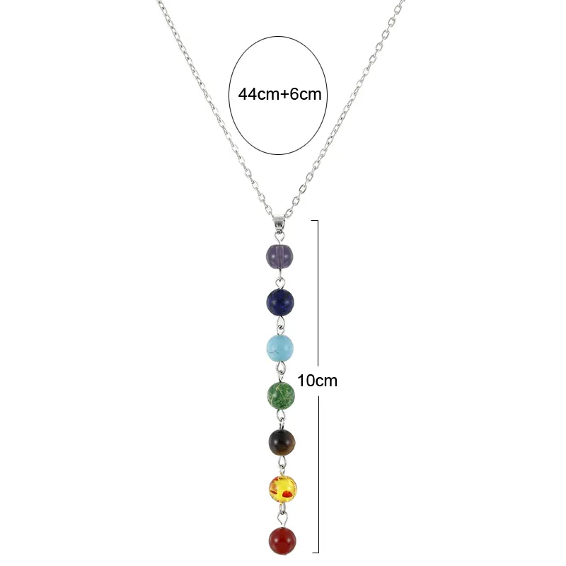 Silber Farbe Einfache Stil 7 Chakra Multicolor Natursteinperlen Anhänger Halskette Lange Kette Für Frauen Charme Collier Collares Yoga Schmuck