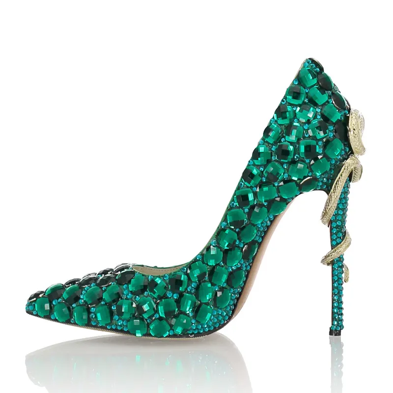 Sexy Ladies Green Rhinestone Dress Shoes Crystal Eye Metal Snake High ...