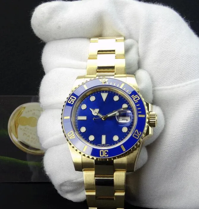 Fabriksleverantör Lyx 18K gul guld safir 40mm mens armbandsur blå ratt och keramisk bezel 116618 Stål automatisk rörelse klocka