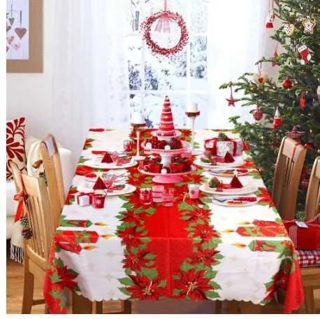 Tovaglia natalizia, 137 x 274 cm, motivo fiocchi di neve, colore rosso, in plastica, per Natale, festa invernale, decorazione da tavolo
