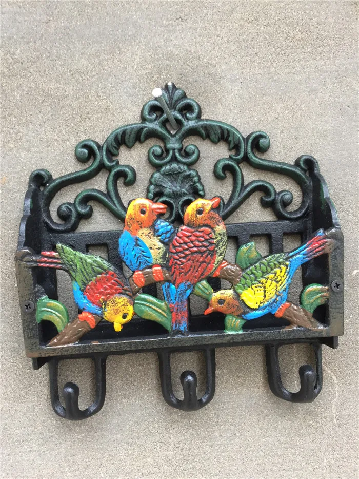 Antique Victorian Cast Iron Painted Birds Letter Rack Wall Shelf Wall Mounted Mail Key Rack 3 Hooks Letter Bill Newspaper Holder O240F