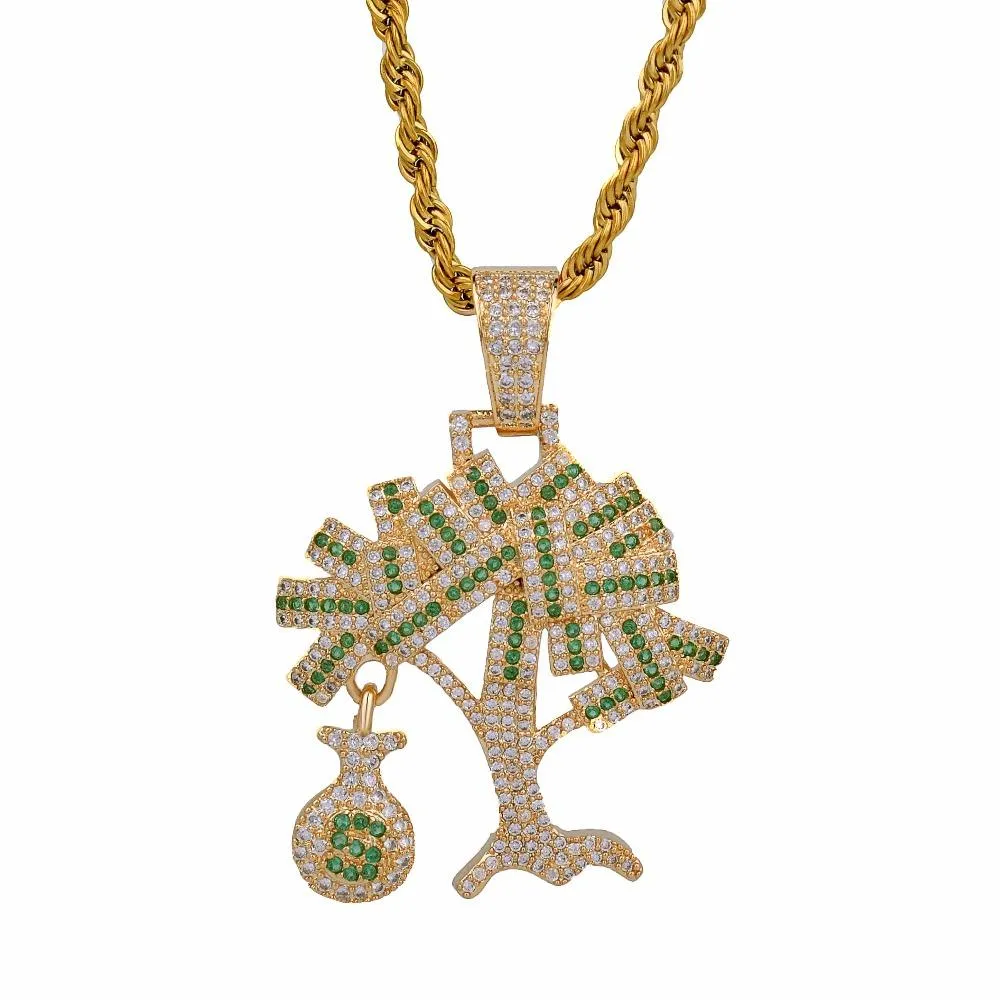 Hip Hop Gold Gold Color Cubbico Zircone US US US Money Tree Collana a sospensione per uomini Giovati di gioielli bling