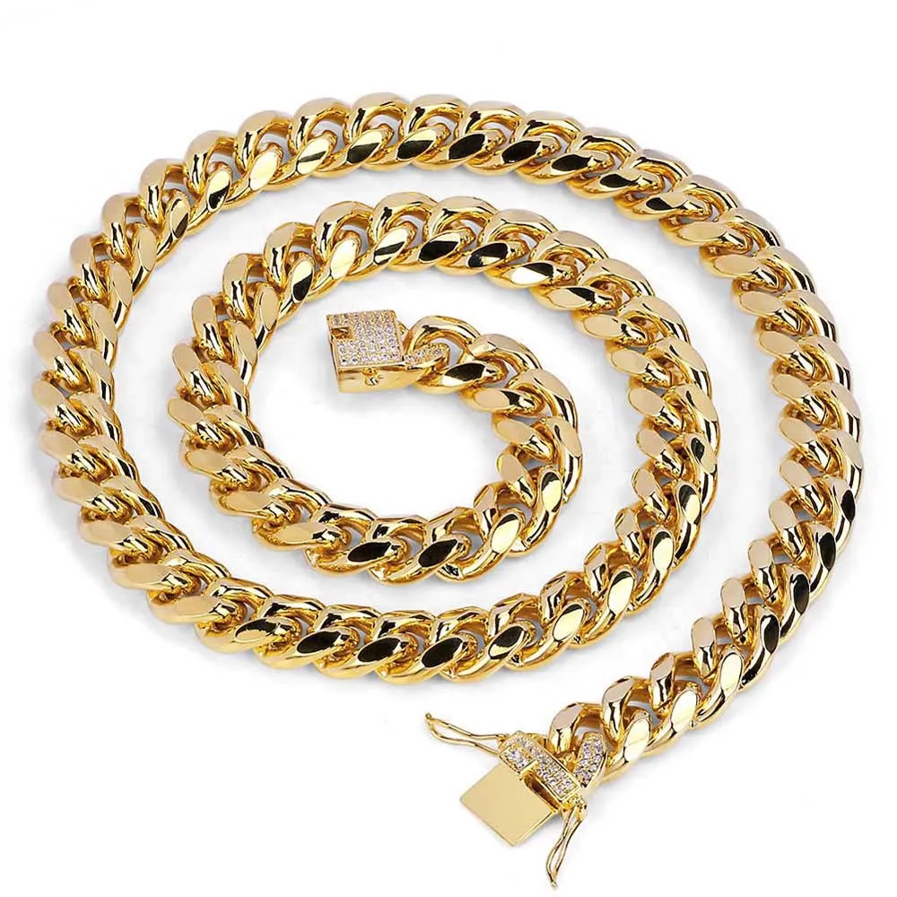 Rostfritt stål 18k Real Gold Electropled Micro-Studded Diamond Clasp Miami Kuba Link Necklace för män High Polished Iced Out Kedjor