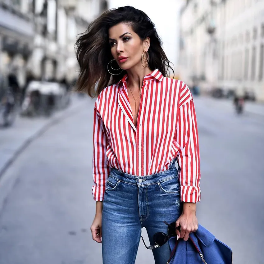 Nouveau chemisier rayé rouge femmes Blusas coupe ajustée à manches longues chemises pour femmes haut tendance tout Match pour les chemisiers pour femmes