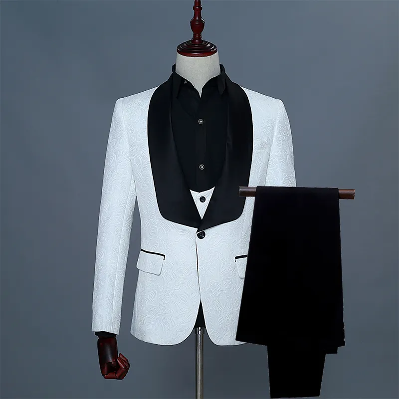 Brudgummen vit / röd / rosa mönster brudgum tuxedos sjal svart satin lapel män passar bröllop bästa mannen brudgum (jacka + byxor + väst + slips) L27