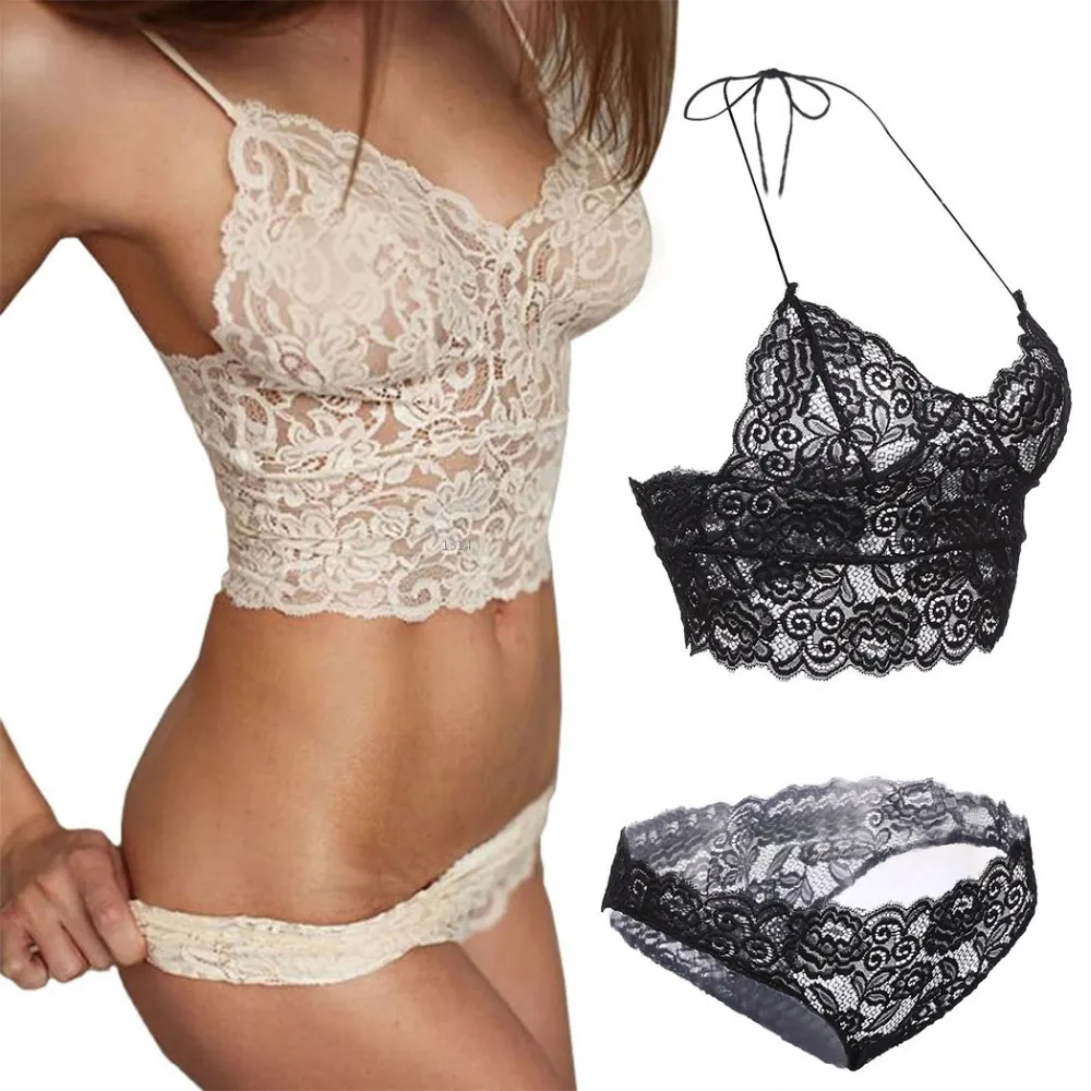 Sexy Lace Camisole Bra And Brief Set Back With Hollow Out Design