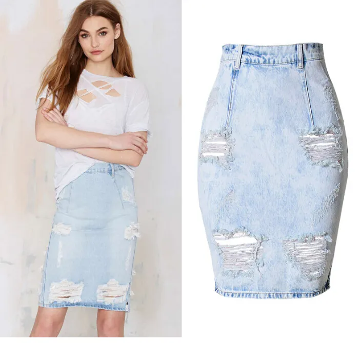 Washed Jean Women Summer Half Knee Length Split Up Zipper Design Skirts Light Denim Blue Ripped Skirt