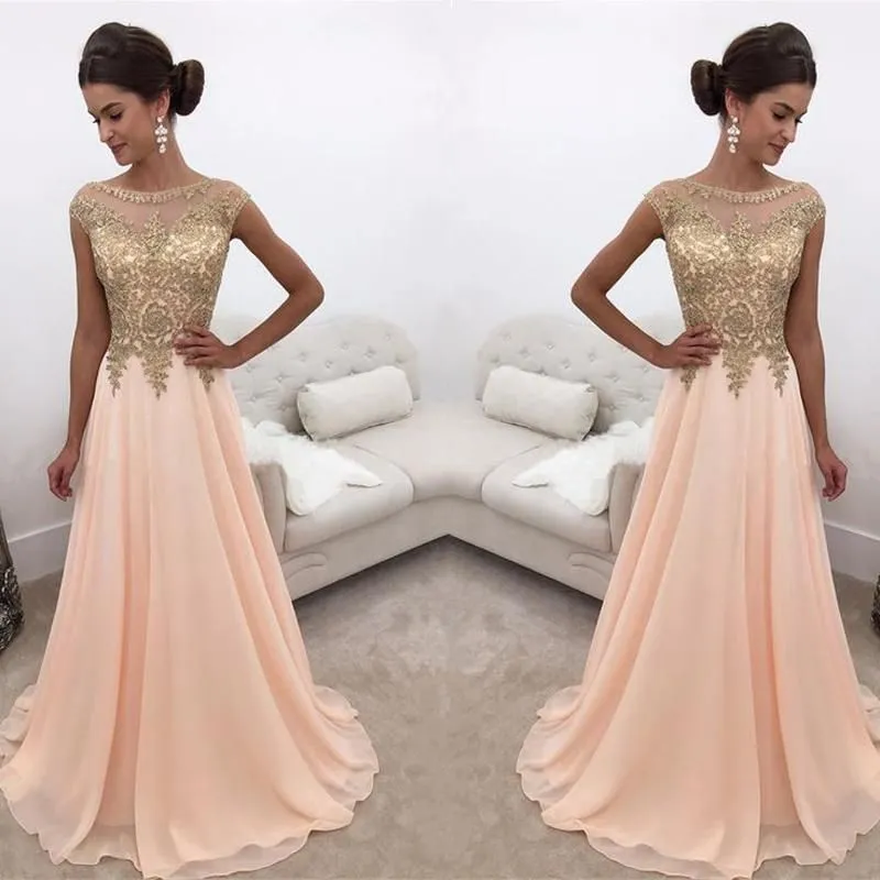 Prom Dresses 2019 Suknie Wieczorowe Z Pearl Różowy Sheer Neck A Line Long Party Suknie Koronkowa Aplikacja Szyfonowa Bez Rękawów Luksusowa Dress