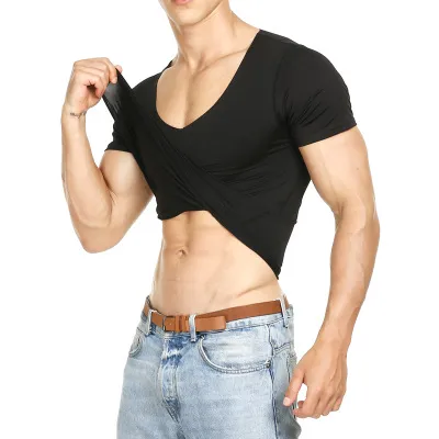 Summer Cotton Tee Short Sleeve T-shirt Male Seamless V collar Slim T-shirt Youth Tight Bottom Shirt