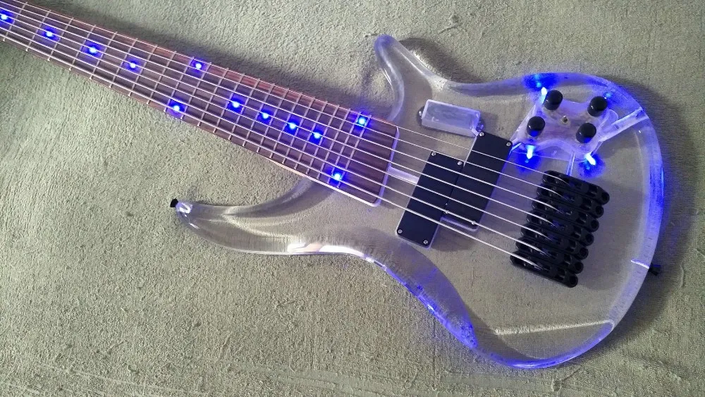 アクリルベース スケルトン 7弦ベース 7 弦ベースギター透明アクリルボディローズウッド指板ブルー LED