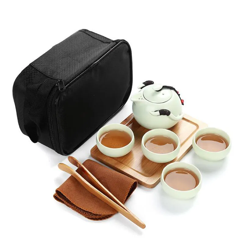 Handmade Chinese Japanese Vintage Kungfu Gongfu Tea Set - Porcelain Teapot & 4 Teacups & Bamboo Tea Tray with a Portable Travel 303H