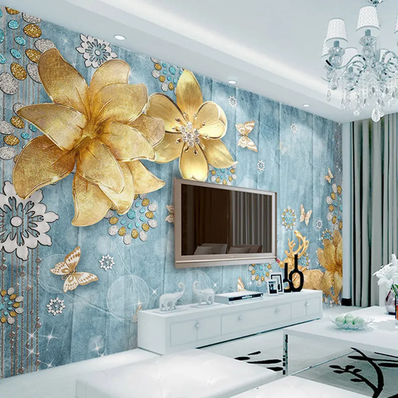 Custom 3D Photo Wallpaper Golden Jewelry Flowers Blue Textured  Mediterranean Luxury European Style TV Background Wall Painting