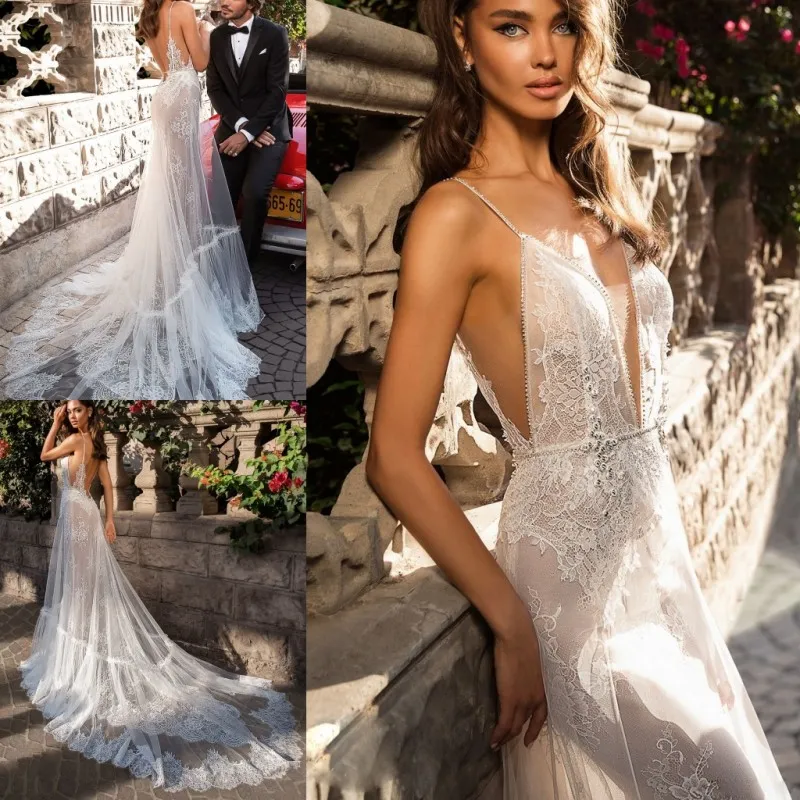 Sexy Elihav Sasson robes de mariée sirène Spaghetti dos nu dentelle robes de mariée abiti da sposa plage robe de mariée