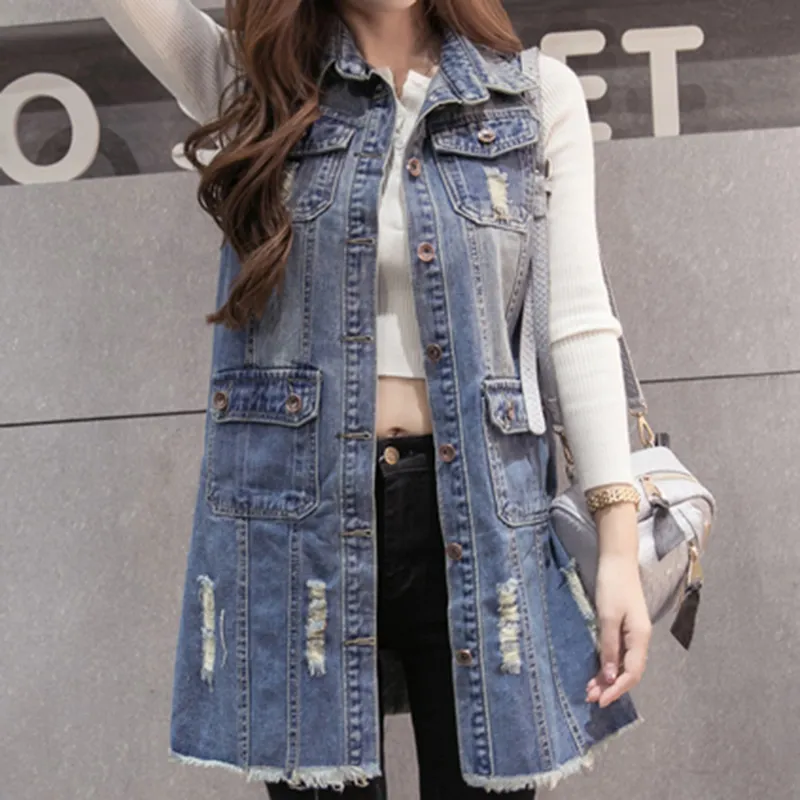 Mode 2018 Summer Autumn Women Denim Casual Vest Womens Hole Denim Vests Jeans Jacket Plus Size Long New Turn-Down Collar T320