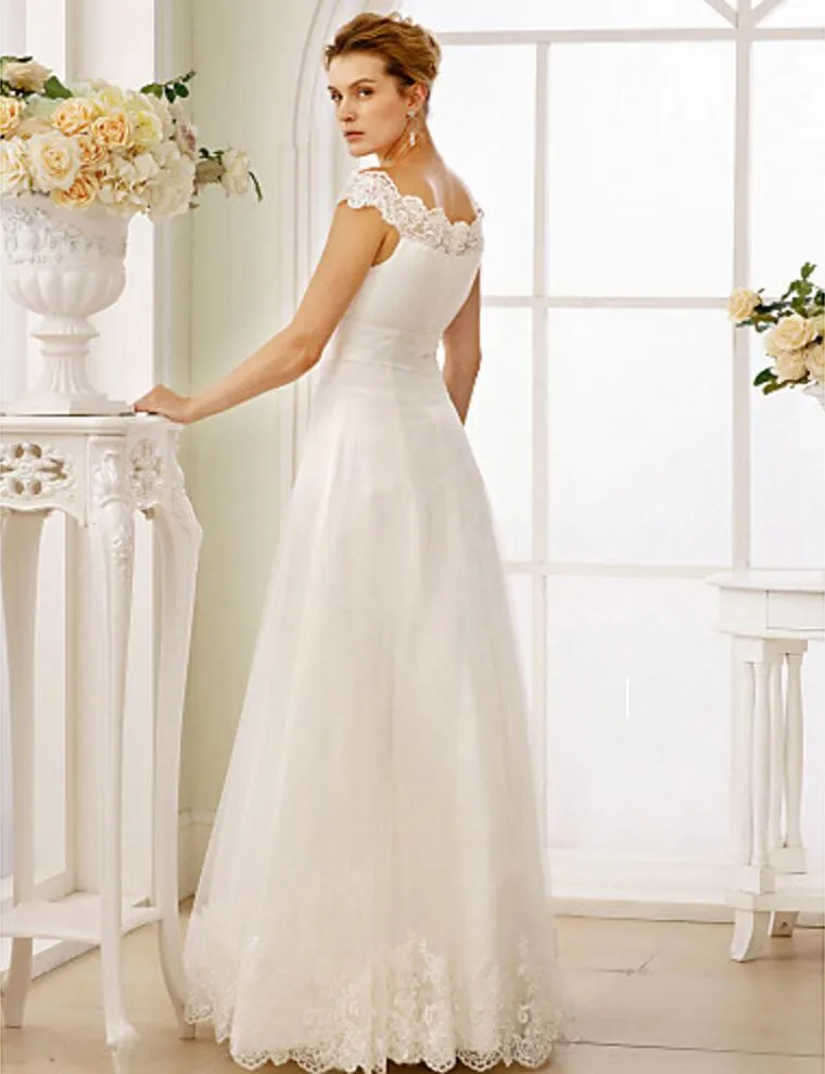 Mode Vit Elfenben A-Line Princess Off-the-Shoulder Floor Längd Lace Tulle Bröllopsklänning med Sashes Brudklänningar för Bridal Plus Storlek