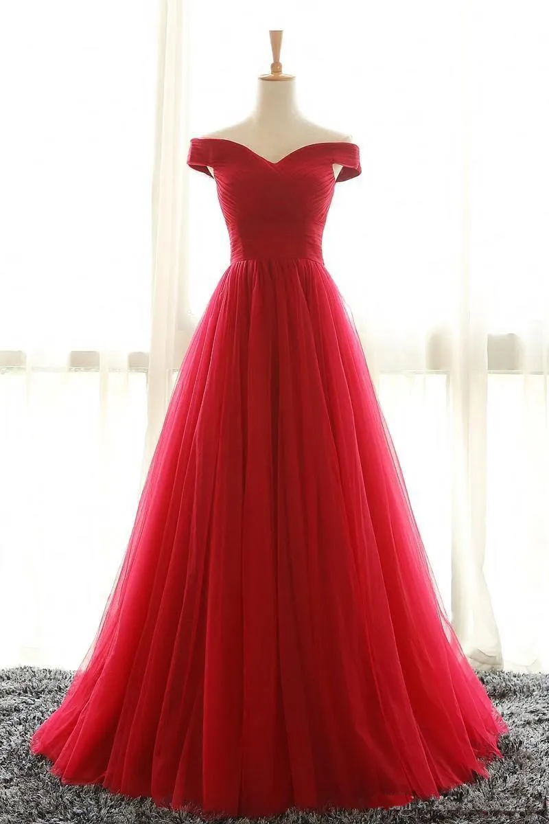 Billig Axt Shoulder Red Tulle Aftonklänningar Party Gowns 2017 Sweep Train Pleated Plus Storlek Coret Formell Prom Dress