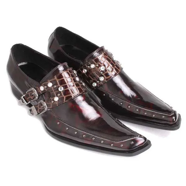 Hot Sale Bourgogne Mens Designer Skor Beaded Buckle Äkta Läder Rhinestones Män Bröllop Sko Pekade Toe Mens Casual Studded Loafers