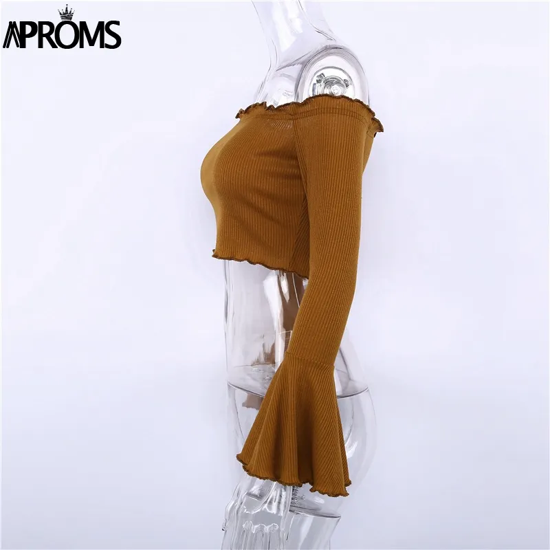 Aproms بلون مضيئة كم محبوك تي شيرت المرأة معطلة الكتف كم طويل المحاصيل الأعلى عارضة قصيرة تي شيرت الإناث الزى تيز