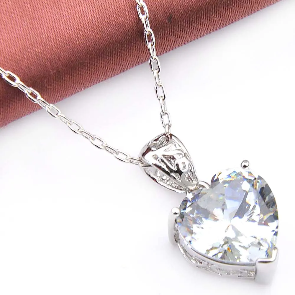 10 Pz Luckyshine Genuino Cuore Fuoco Topazio Bianco Gemme Pendenti Del Nastro Donne Festa di Nozze Cubic Zirconia Pietra Preziosa Pendenti Collane