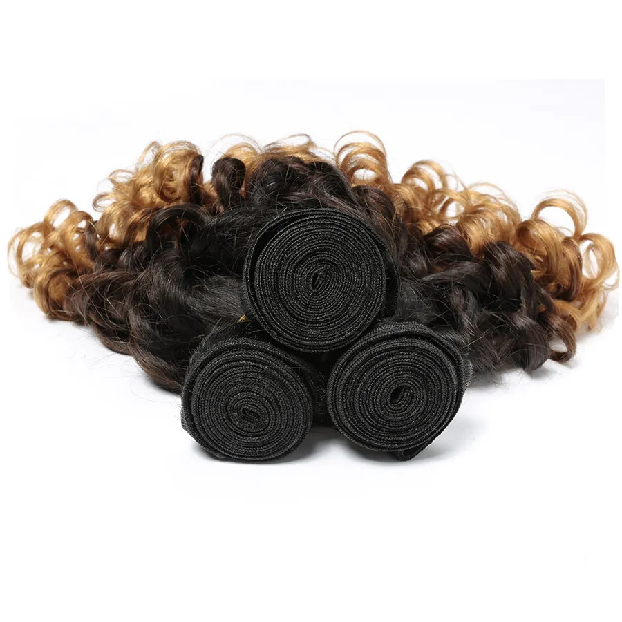 Ombre Brazilian Virgin Hair Bundles Spanish Bouncy Curly Three Tone Remy Human Hair Weaves T1b 4 27 10-30 inch Funmi Hair
