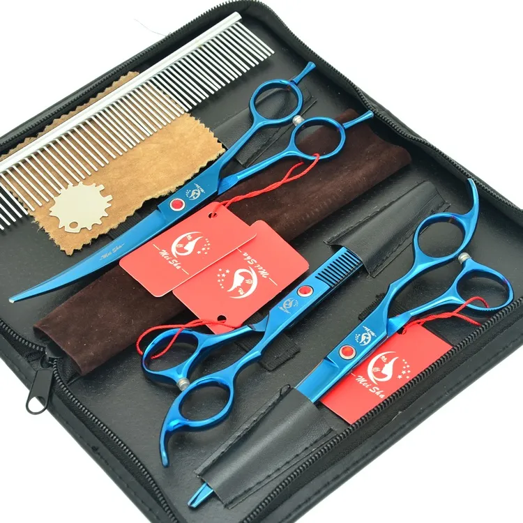Blå 7.0inch Pet Cutting Scissors Thinning Shears Curved Japan 440c Dog Grooming Clippers Set med väska Valp Hår Trimmer Verktyg HB0119