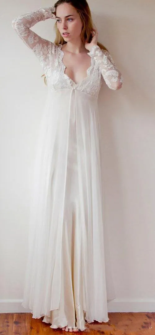 보헤미안 웨딩 드레스 슬리브 긴 아이보리 쉬폰과 레이스 V - neck 층 길이 제국 신부의 가든 신부 간단한 드레스 2017