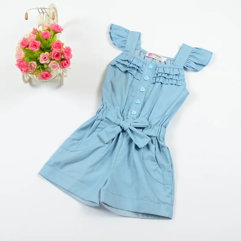 2018 été filles combinaison enfants vêtements Denim couleur volants arc combinaisons à manches courtes simple boutonnage boutons enfants vêtements