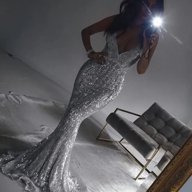 Luxury Backless Mermaid Evening Dresses Ellie Saab Sleeveless Sweep Train Prom Dresses Sparkly Sequins Dubai Celebrity Party Prom Dress