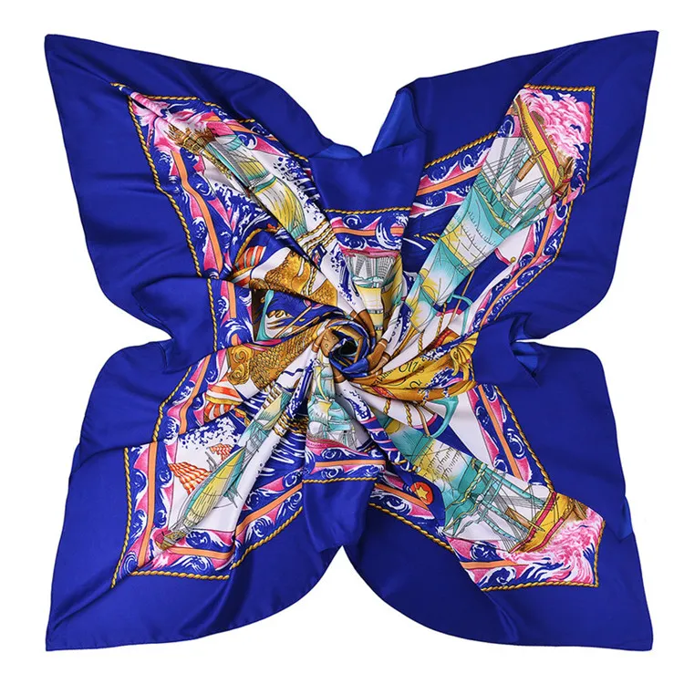 Nouveau Foulard en soie sergé femmes voilier impression foulards carrés mode Wrap femme Foulard grand Hijab châle Foulard 130*130 CM