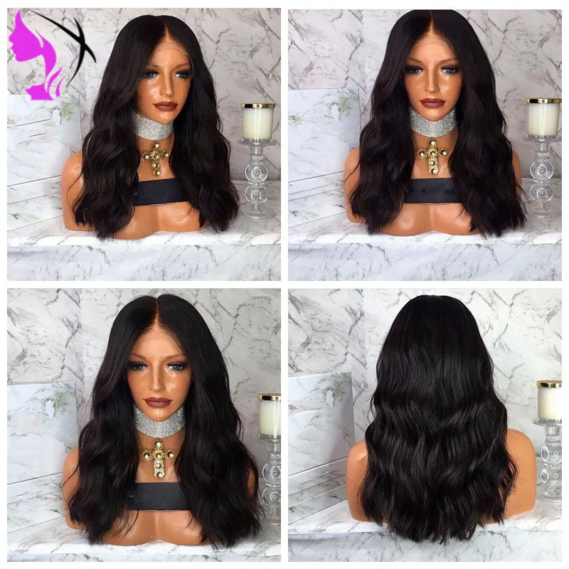 16 inch Body Wave Bob Synthetisch Haar Pruik Natuurlijke Zwart Lijmloze Korte Kant Pruiken Hittebestendig voor Afrika American