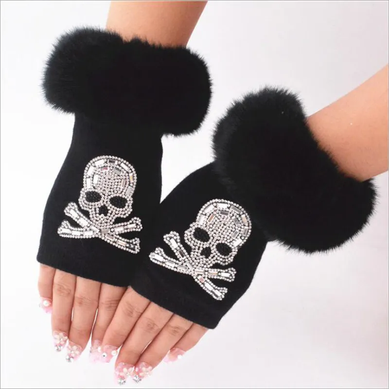 Women Cartoon Animals  Fingerless Dance Gloves Winter Warm Short Plush Diamonds Sequins Skull Fingerless Knitted Gloves G102