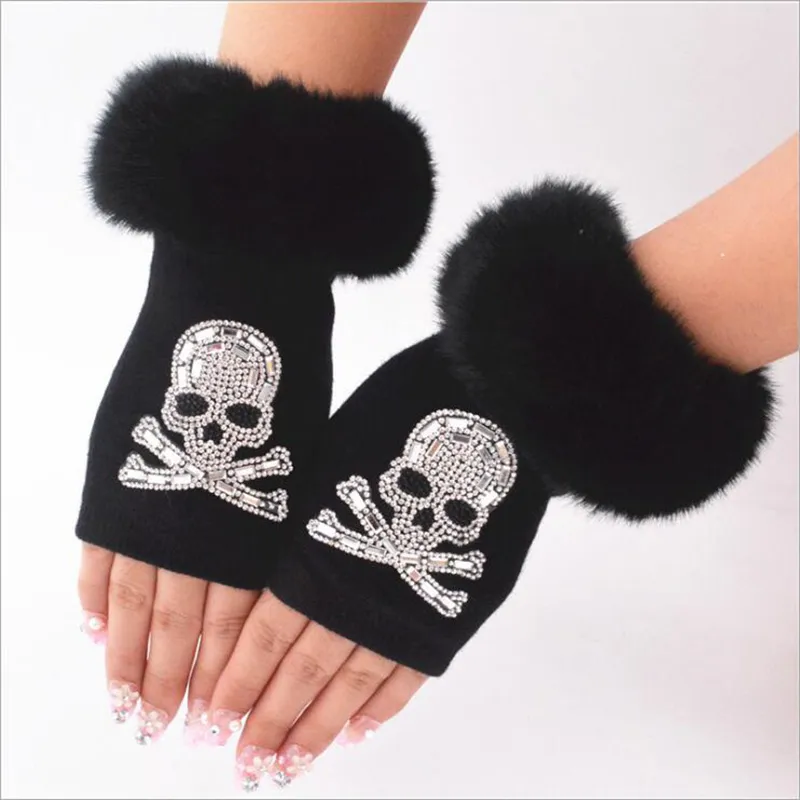 Women Cartoon Animals Fingerless Dance Gloves Winter Warm Short Plush Diamonds Sequins Skull Fingerless Knitted Gloves G102