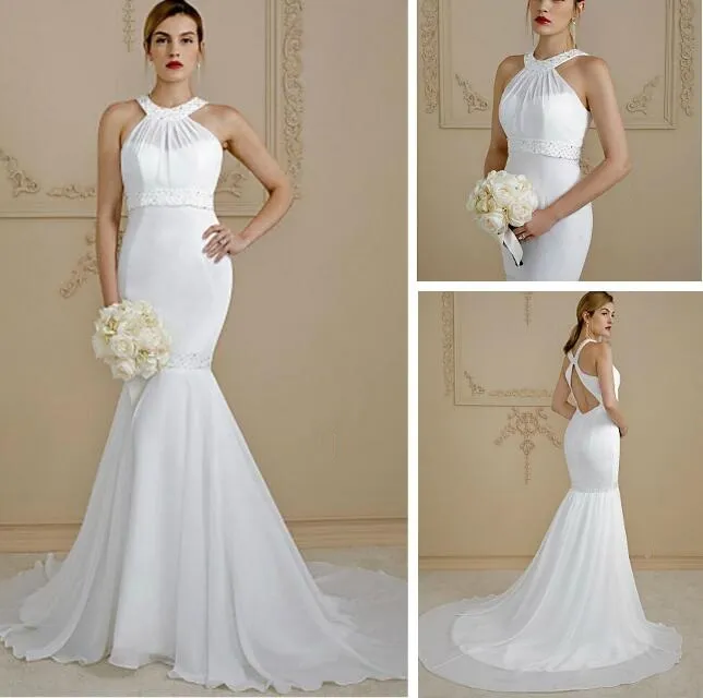 Halter Vestido De Noiva Mermaid Wedding Dresses Sexy Chiffon Bridal Gowns Court Train Vintage Bridal Gowns With Beading