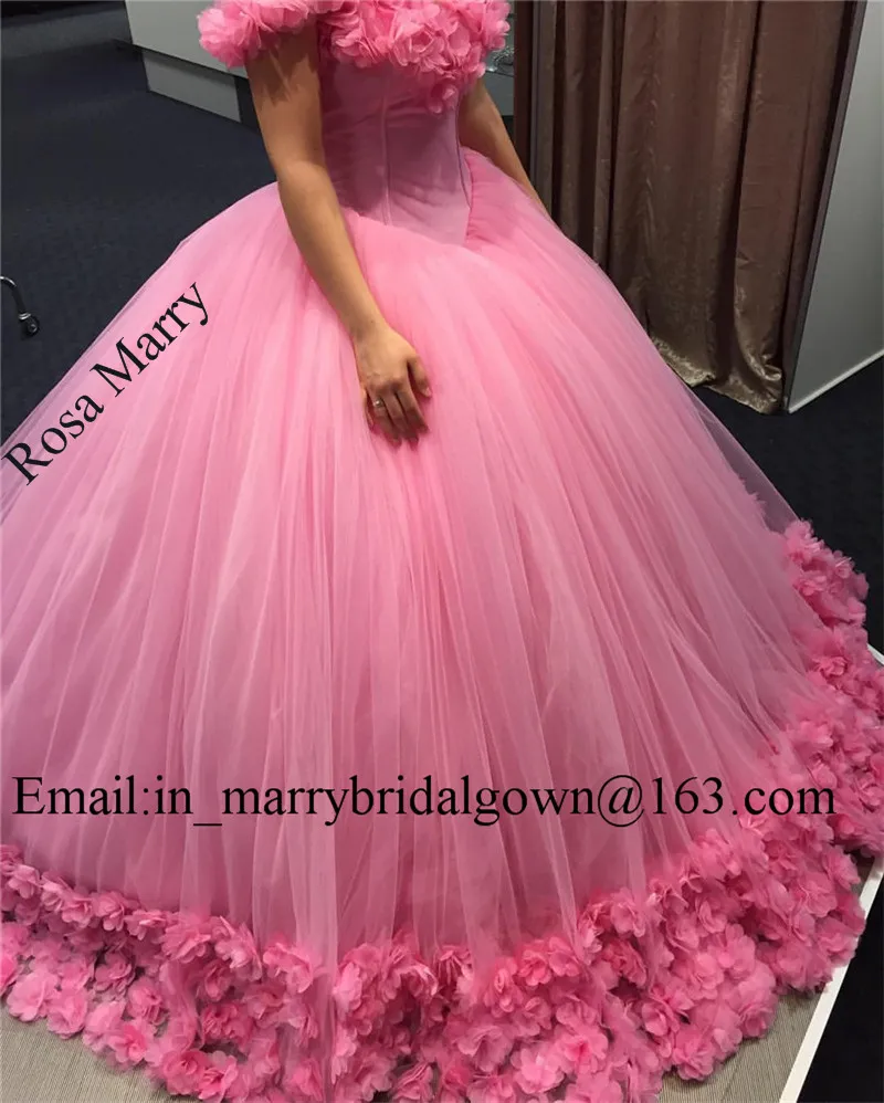 Princess Pink Sweet 16 Quinceanera Prom Dresses 2020 Ball Gown Off Shoulder Hand Made 3D Flowers Vestidos 15 Anos Plus Size Pageant Giwns