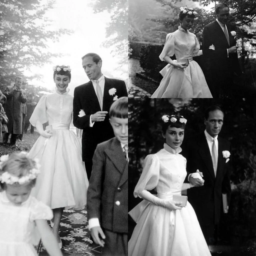 Vintage 1950-tal Audrey Hepburn Bröllopsklänningar med långärmad te-längd hög nacke trädgård prinsessan brudklänningar billiga anpassade make