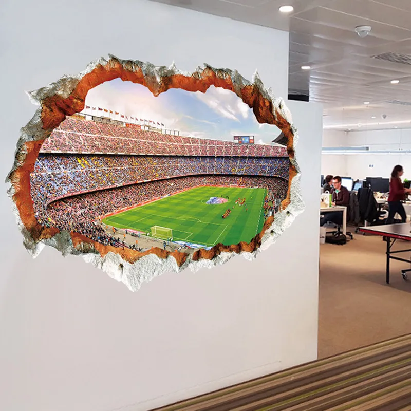 3D Stereo Cracked Wall View Football Field Wandaufkleber Hausdekoration Wand Wandbildplakat Kunst Wohnzimmer Schlafzimmer Bürodekor Wallpap3634649