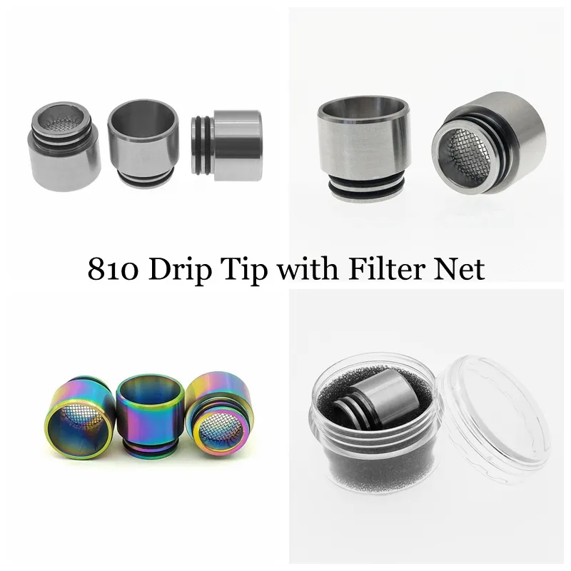 810 Anti-friture SS Drip Tip avec filtre net couleur arc-en-ciel en acier inoxydable à large alésage pour atomiseur de réservoir à filetage 810 DHL