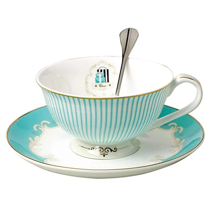 Vintage Royal Bone China Teetassen Kaffee Milch Teetasse und Untertasse und Löffel Sets Blaues Boxset Geschenk 7-Oz