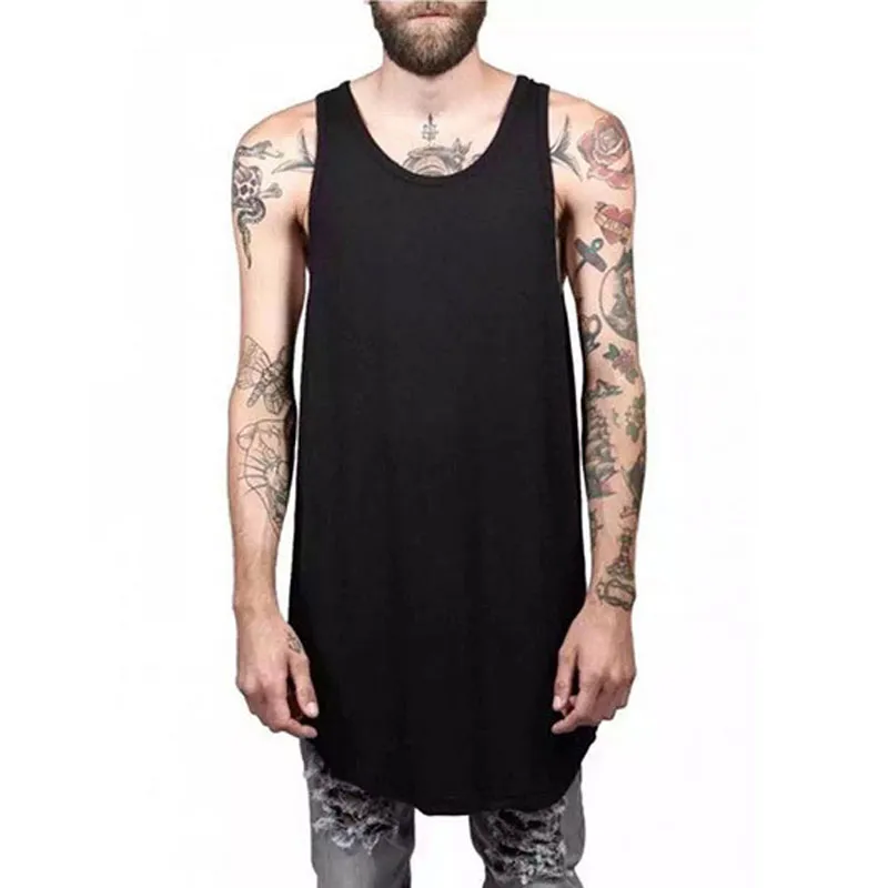 Wholesale- Men Summer Hip Hop Extend Long Tank Top Men's White Vest Fashion Swag Sleeveless Cotton Solid Tops